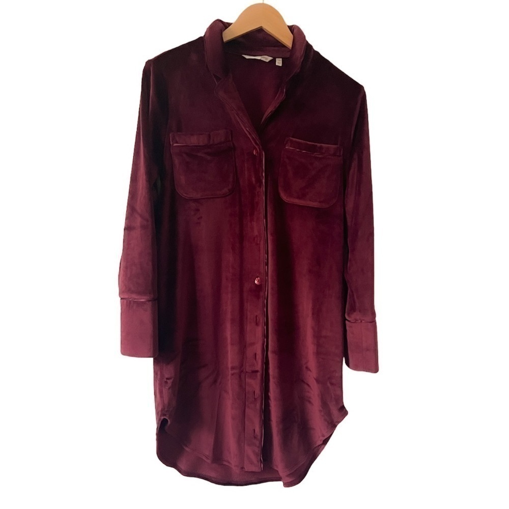 Soft Surroundings Womens Pajama Shirt Dress Soft Fleece Maroon Burgundy XS
